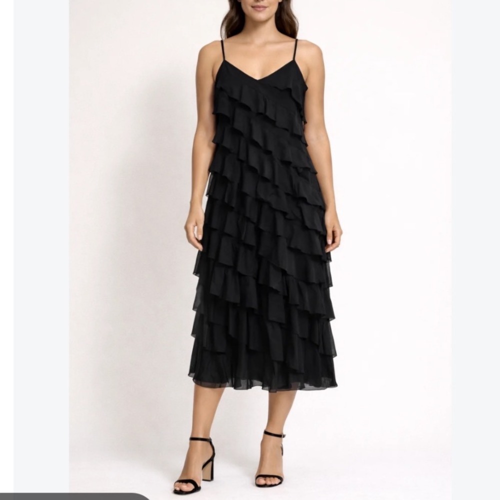 ISLE by Melis Kaptan Marguerite Black Ruffle Midi Dress Small NWT